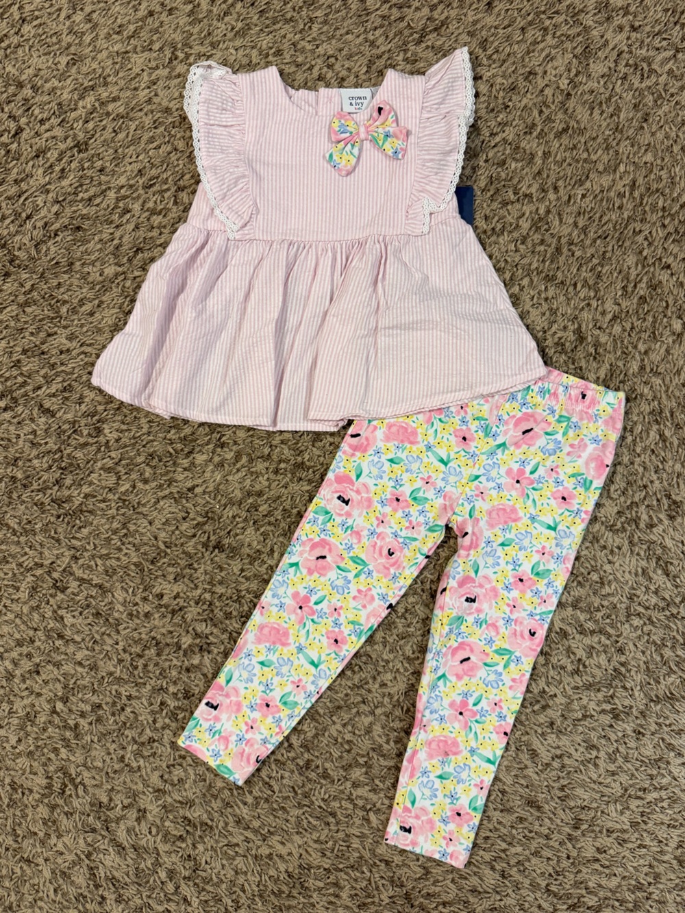 crown & ivy Pink Striped Top with Floral Leggings Set